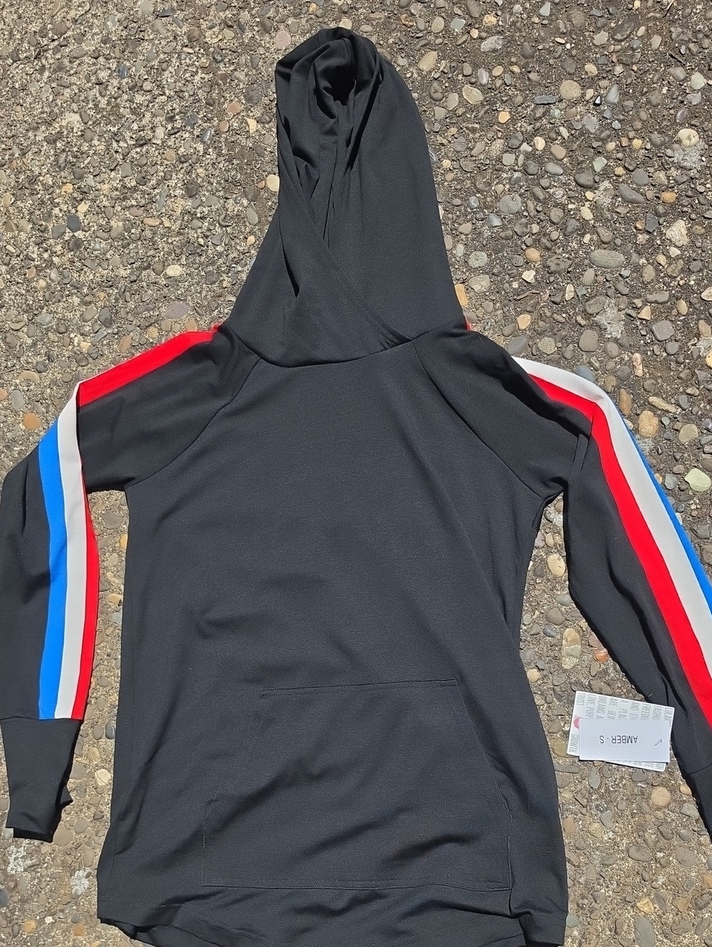 LuLaRoe Black Hoodie with Red, White & Blue Sleeve Stripes